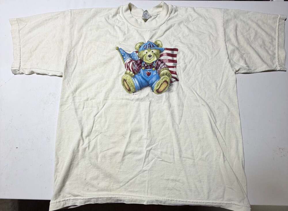 Vintage Won's Wear Patriotic Teddy Bear USA Flag Graphic T-Shirt Size XL